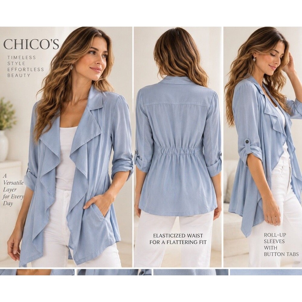 Chico’s Jacket Size 0 Blue 100% Lyocell Waterfall Drape Roll Up Sleeves - Picture 10 of 13